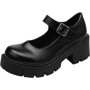 New Womens Size 11 Black Faux Leather 2.5" Platform Heel Mary Jane Chunky Shoes